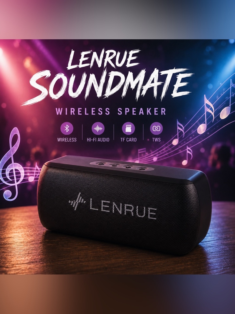 LENRUE Soundmate Wireless Bluetooth Speaker Black Portable Hi-Fi Audio TF Card